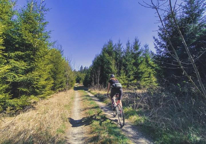 Frau mit Gravelbike auf Forstweg